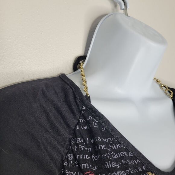 Vintage y2k black grunge sparkly butterfly graphic chain halter cap sleeve large - Picture 3 of 8